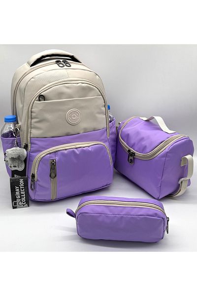 GirayCollection First School Bag Set of 3 Unisex Children's Primary School Bag Gry-8010 Beige-Lilac