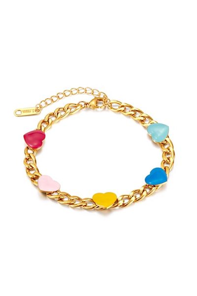 Tessero Bratara de dama Cuban Chain cu charm-uri in forma de inima multicolore, otel inoxidabil, placat cu a