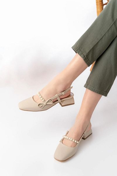 Papuçsepeti Shoe Basket Hç150 Women's Pearl Bow 4.5 cm Heeled Shoes