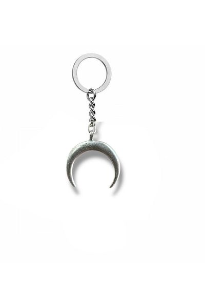 Herşey Nota Metal Keychain with Inverted Crescent Figure – Gothic Style Silver Color Unisex Accessory