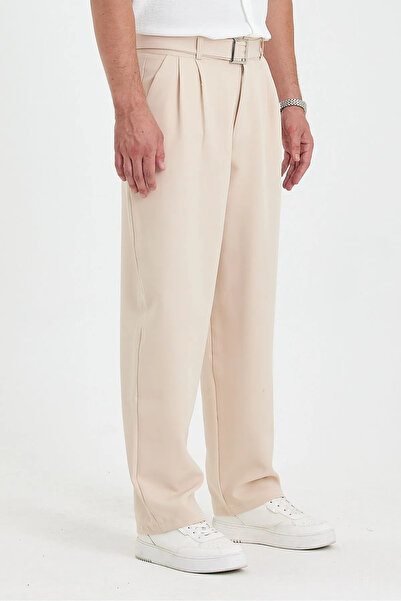 Gray Clothing Yazlık Pileli Baggy Kalıp Cepli Kemerli Tokalı Erkek Kumaş Pantolon Bej