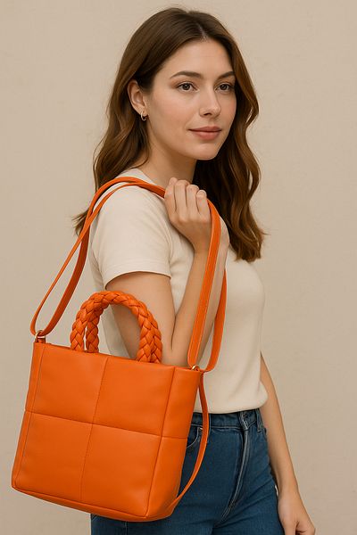 TRENDİMİZBİR Hot Orange Knitted Handle Vegan Faux Leather Tote Bag