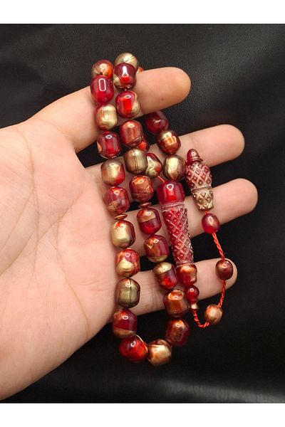 Han Ticarethane Red Gold Color Patterned Imame Embroidered Powder Amber Prayer Beads