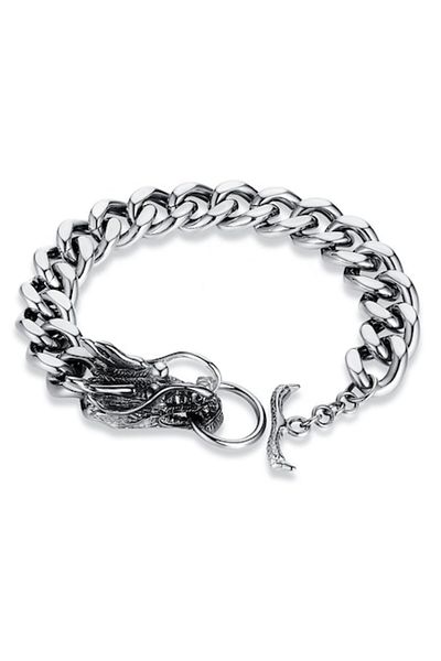 xUPING Brățară cubaneză cu model de dragon, oțel inoxidabil, argint, 13 mm, 21 cm
