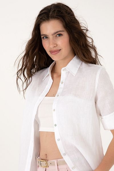 U.S. Polo Assn. Women's White Linen Long Sleeve Shirt 50299791-Vr013