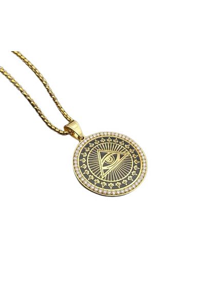 Tessero Hip Hop cubic design chain with coin-shaped pendant with Illuminati sign, pyramid and eye,