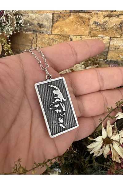 Herşey Nota Ataturk Silhouette Imprint Necklace – Silver Color Unisex Metal Jewelry - 60 cm Chain