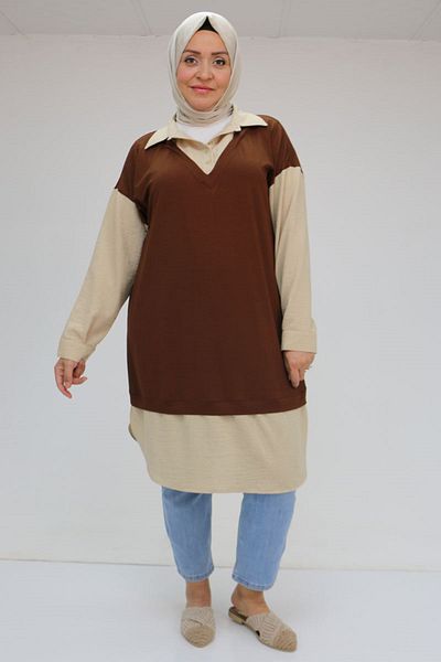Eslina 58033 Large Size Tunica with Vest Look - Brown-Beige