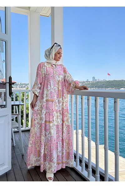 Aselim Hijap Moda Καλοκαιρινό φόρεμα με έθνικ σχέδιο |   Ροζ με κουμπιά και άνετη εφαρμογή