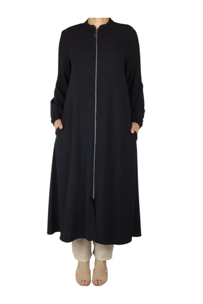 ECE GİYİM KADIN ÖNÜ FERMUARLI HAKİM YAKA KOLLARI LASTİKLİ OMUZ METEL DETAYLI SPOR TUNİK