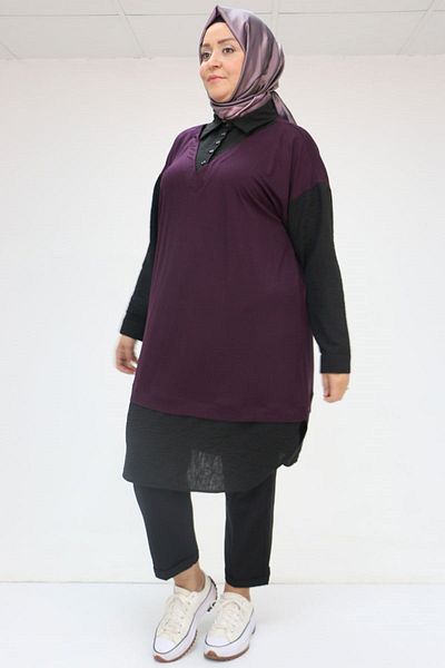 Eslina 58033 Plus Size Tunik with Vest Look - Plum-Black