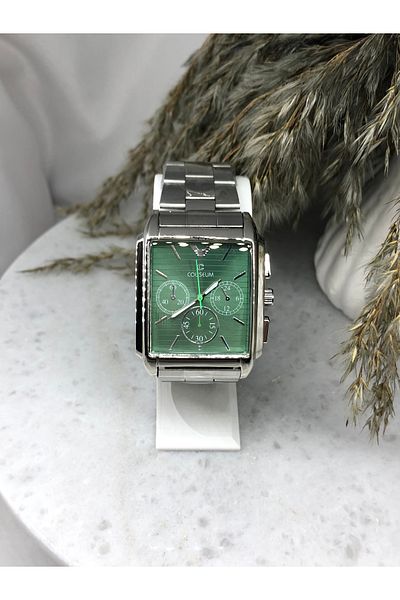 Mazzy Rectangular Inside Green Silver Men's Wrist Watch