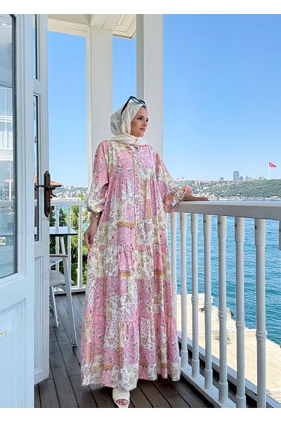 Aselim Hijap Moda Καλοκαιρινό φόρεμα με έθνικ σχέδιο |   Ροζ με κουμπιά και άνετη εφαρμογή