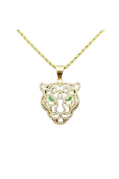xUPING - Rope Chain with Jaguar Pendant, Zircon Stones, Stainless Steel, 18K Gold Plated