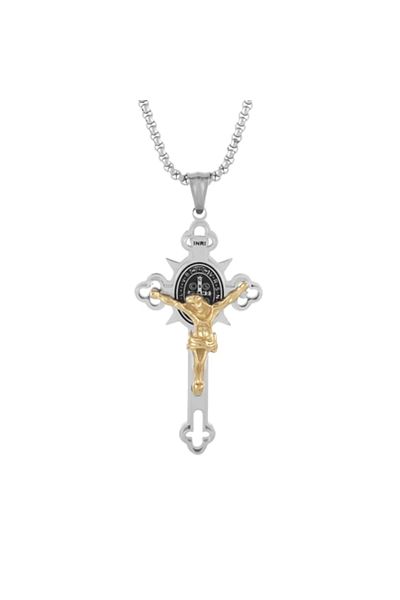 Tessero Men's necklace with cross-shaped pendant featuring Jesus Christ, stainless steel, gold plated, Tesse