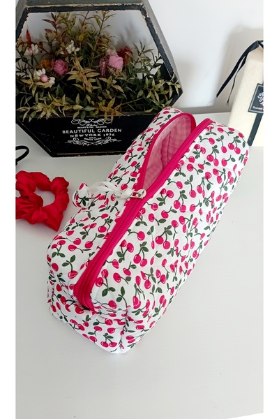 Mufincollection نمط الكرز، قماش موسلين قطني، حقيبة مكياج – سحاب كبير الحجم (30 × 10)