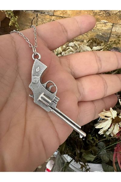 Herşey Nota Pistol Figured Necklace – Silver Color Unisex Metal Jewelry