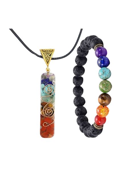 Tessero Set of necklace with hexagonal stone and 7 Chakra energy bracelet made of volcanic rock, healing and st
