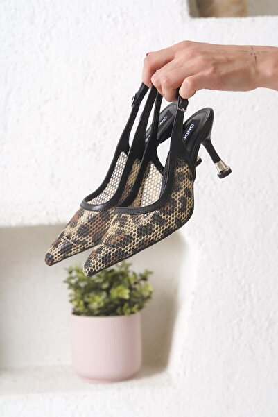 Öncerler Ayakkabı Siyah Leopar Kadın Fileli Model Galvoniz Topuklu Ayakkabı