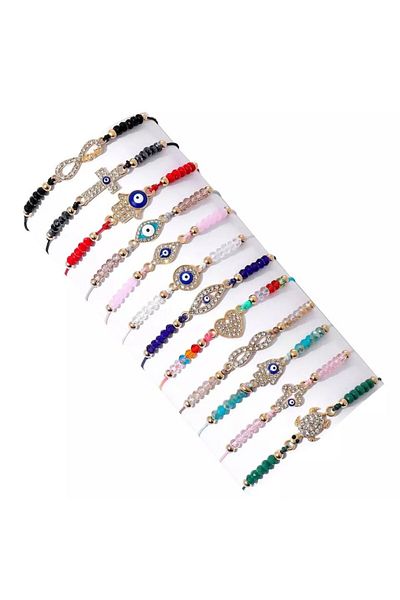 Tessero Set of 12 bracelets with charms and symbols, various designs, evil eye, hamsa, zircon stones, adjust
