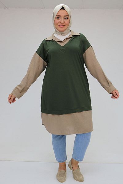 Eslina 58033 Plus Size Tunik with Vest Look - Khaki-Mink