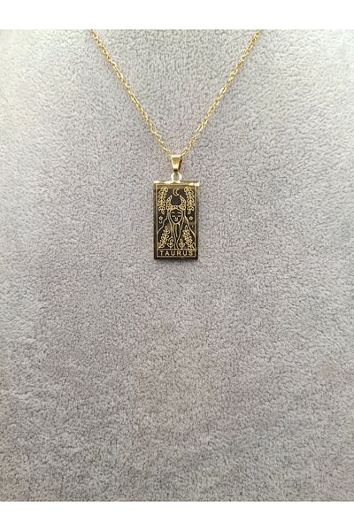 Han Ticarethane Gold Color Tarot Card Model Taurus Zodiac Steel Necklace