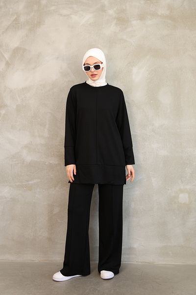 vesantia Çimalı Women's Black Hijab Double Set – Viscose Blended Tunic & Wide Leg Pants