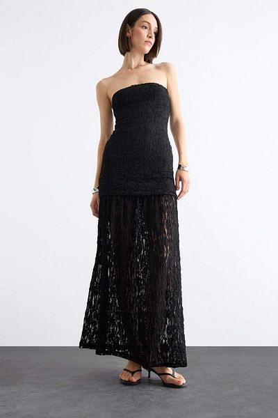 DeFacto Slim Fit Slim Fit Body Wrap Lace Στράπλες Μαύρο Μάξι Φόρεμα F8508ax25sm