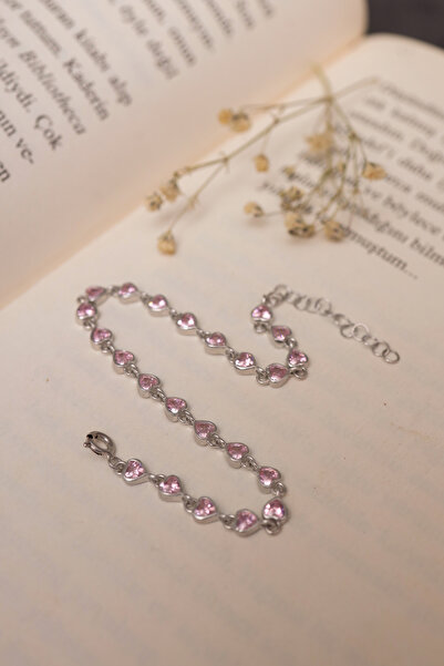 SUNSHINE 925 Ayar Gümüş, Rodyum Kaplamalı Kalp Tasarım Pembe Taşlı Bileklik