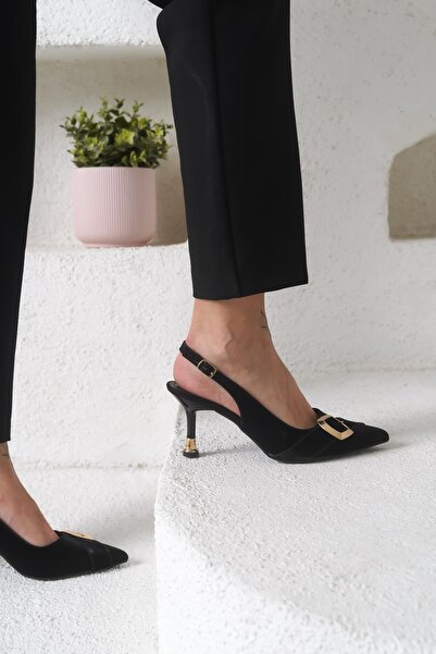 Öncerler Ayakkabı Black Satin Women's Buckle Model Galvanized Heeled Shoes