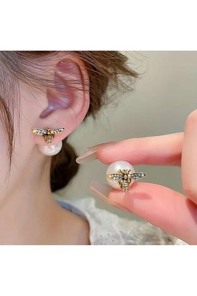 Accessories Vanilla Avenue Elegant Pearl Vintage Style Zirconia Bee Embroidered Stylish Casual Women's Earrings