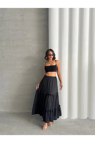 İntive Lingerie Long Skirt with Ruffle Broderie Lining Black S255047