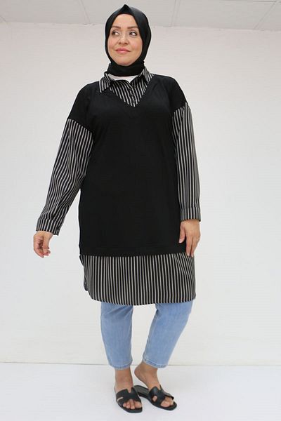 Eslina 58069 Large Size Tunik with Vest Look - Black-Black