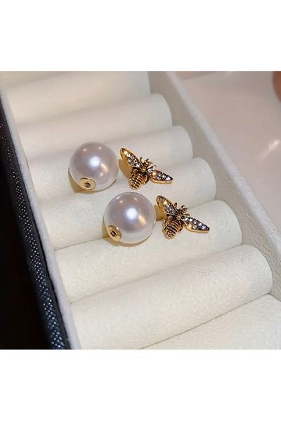 Accessories Vanilla Avenue Elegant Pearl Vintage Style Zirconia Bee Embroidered Stylish Casual Women's Earrings