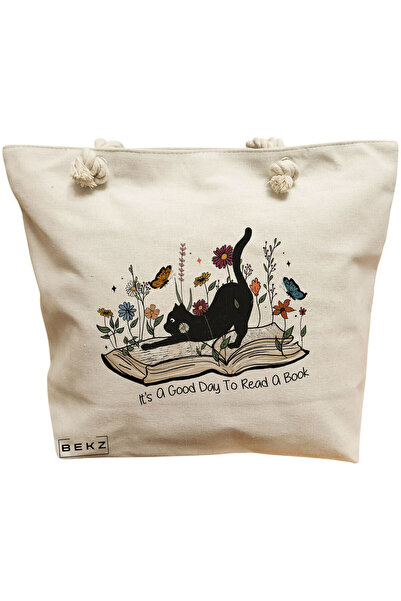 BEKZ Beach Tote Bag, model It's a good day to read a book, 40x51 cm, Cream, B...