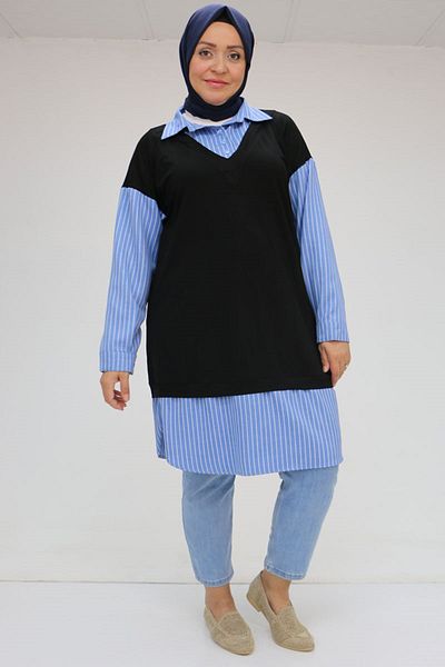 Eslina 58069 Large Size Tunik with Vest Look - Black-Blue