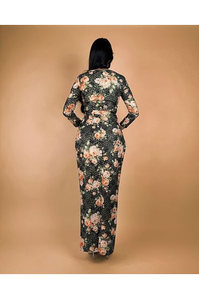 toog Black floral print dress with gold lace accents and a slit at the chest