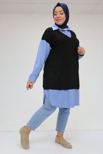 Eslina 58069 Large Size Tunik with Vest Look - Black-Blue