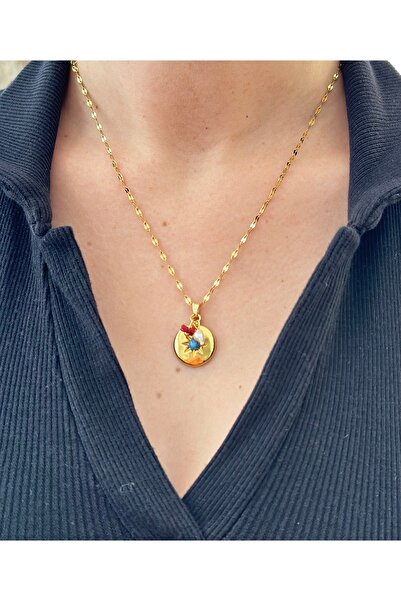 mibrillo kırmızı taş inci detaylı firuze taşlı vintage kolye