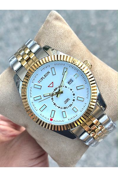 pierrose Silver Gold Steel Cord Men's Wrist Watch with Calendar