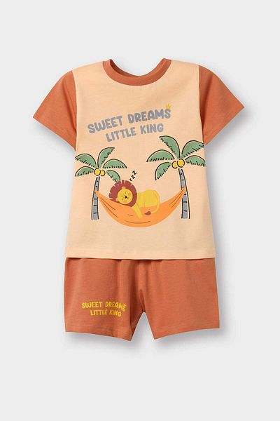 DeFacto Baby Boy Pajamas Set Lion Printed Short Sleeve Combed Cotton Pajamas Top with Flexible Waisted Shorts Pajama Bottoms E1
