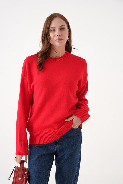 QUELISSE Women's Red Soft Textured Wide Fit Knitwear Sweater Q00Ko1