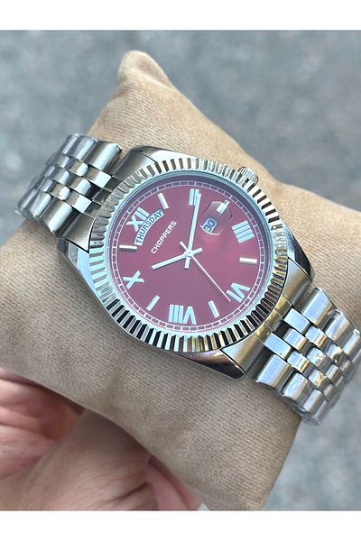pierrose Silver Steel Cord Claret Red Dial Men's Wrist Watch with Calendar