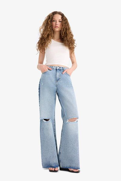 DeFacto Pantaloni de jeans lungi cu picioare late, cu talie înaltă, cu detaliu rupt E1681AX25SM