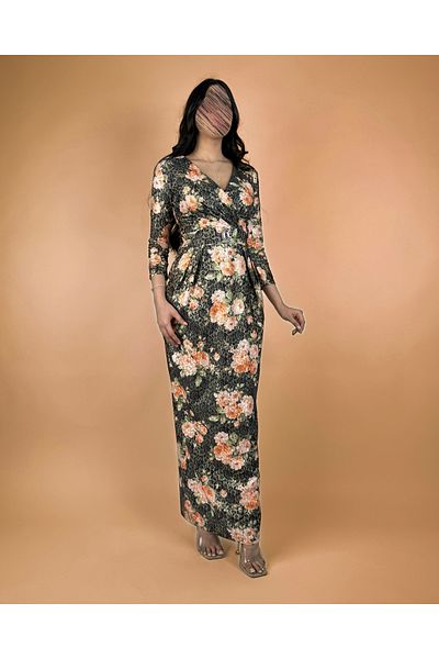 toog Black floral print dress with gold lace accents and a slit at the chest