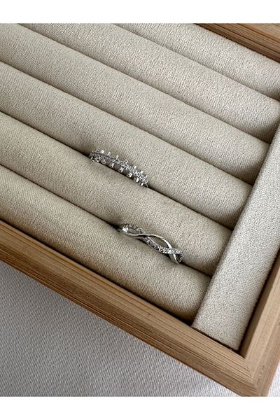 ringbox Silver Colored 2-Piece Wave Minimal Series Ring Set