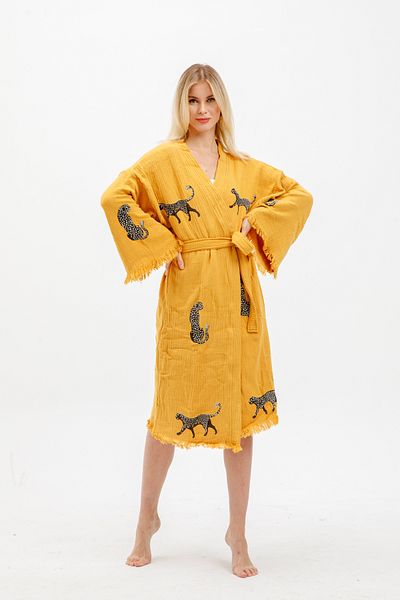 Befera Design Muslin Kimono 100% Cotton Leopard Printed Patterned Bathrobe Kaftan Dressing Gown