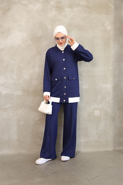 vesantia Γυναικείο σετ αθλητικής φόρμας Navy Blue Comfortable Fit – Μπουφάν με κουμπιά & παντελόνι με φαρδύ πόδι