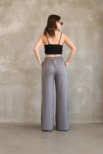 vesantia Women's Gray Seasonal Wide Leg Trousers – Elastic Waist, Stylish Button Detail