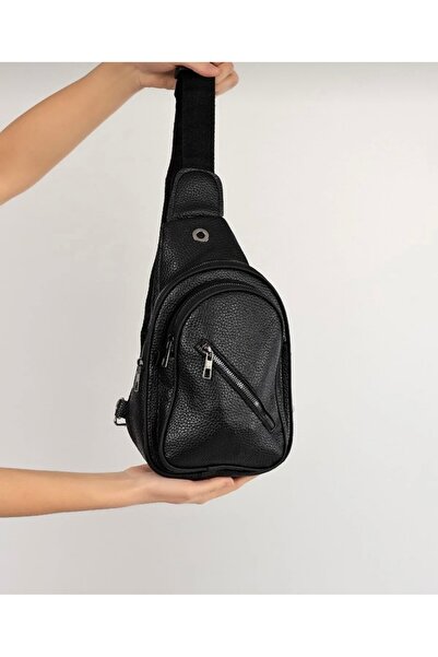 selma demir Siyah Deri Unisex Bodybag Göğüs Omuz Bel Çantası